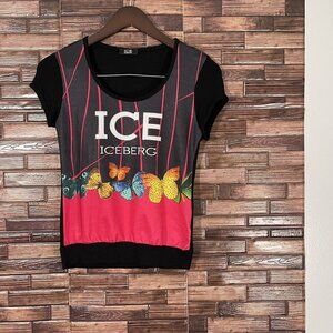 IceIceberg Embellished Butterflies Shirt Size S Pink Black Yellow